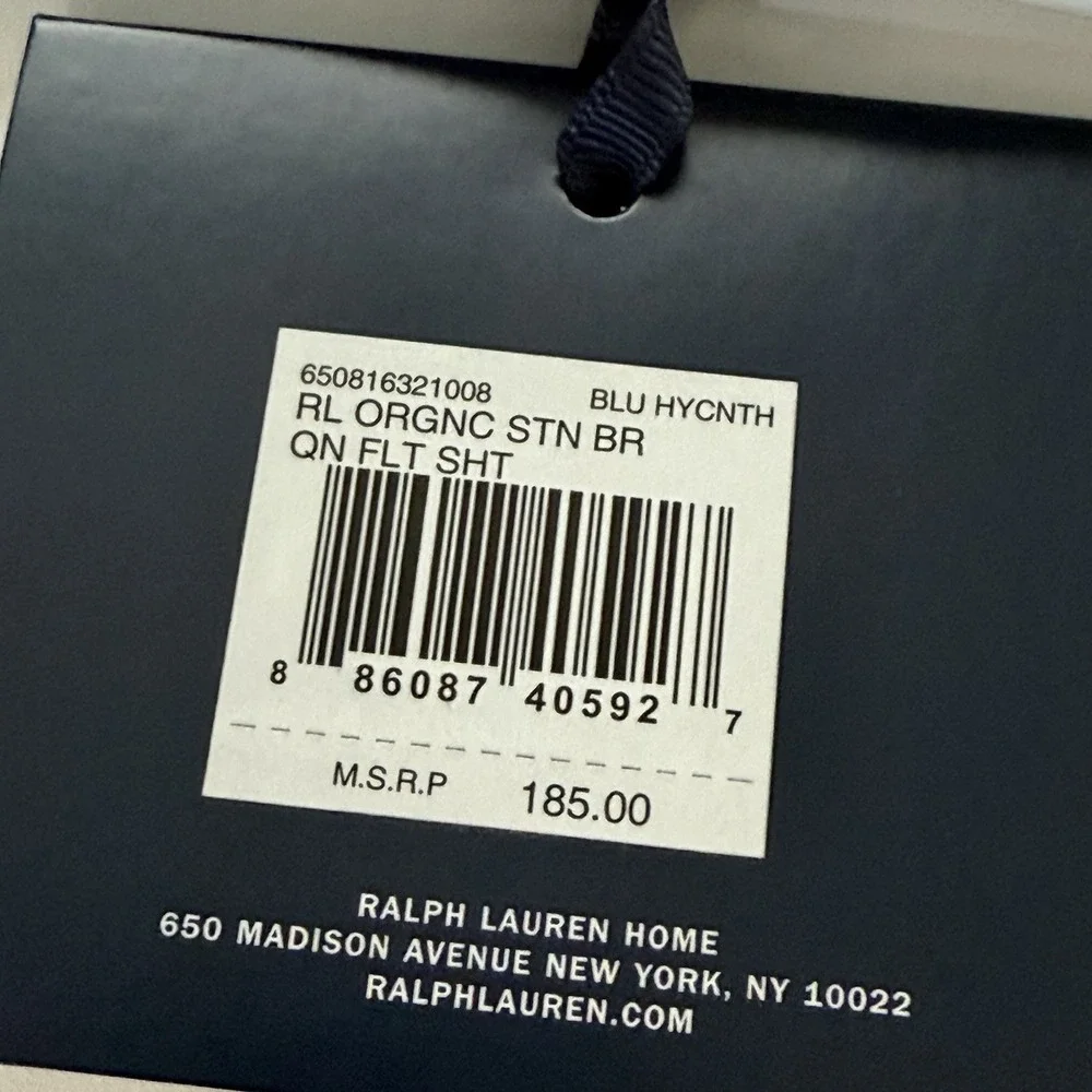 Ralph Lauren RL 624 TC Organic Sateen Border Queen Flat Sheet Blue NWT $185